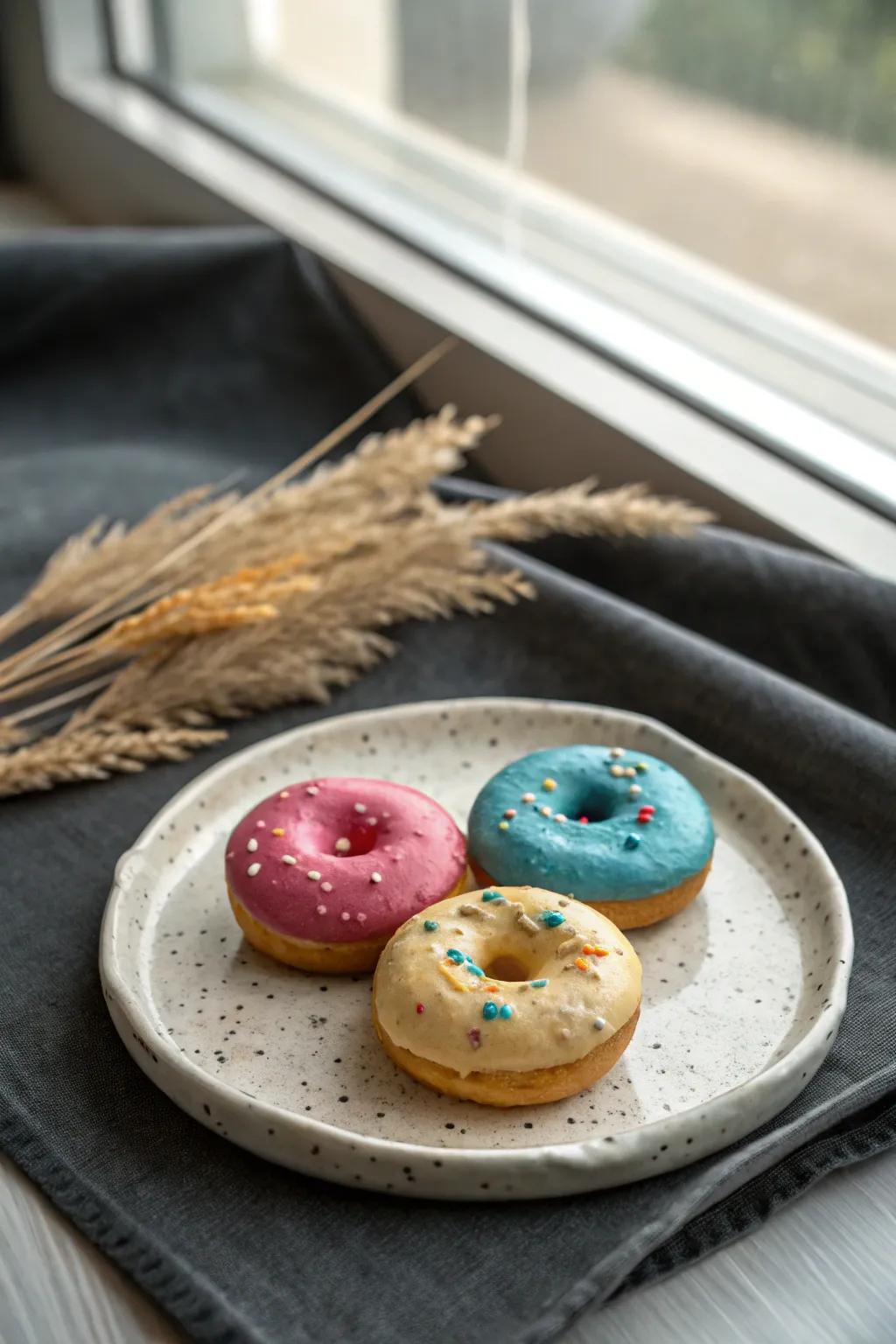 Glossy mini clay donuts in bold icing colors on a minimalist ceramic plate, sweet and simple.
