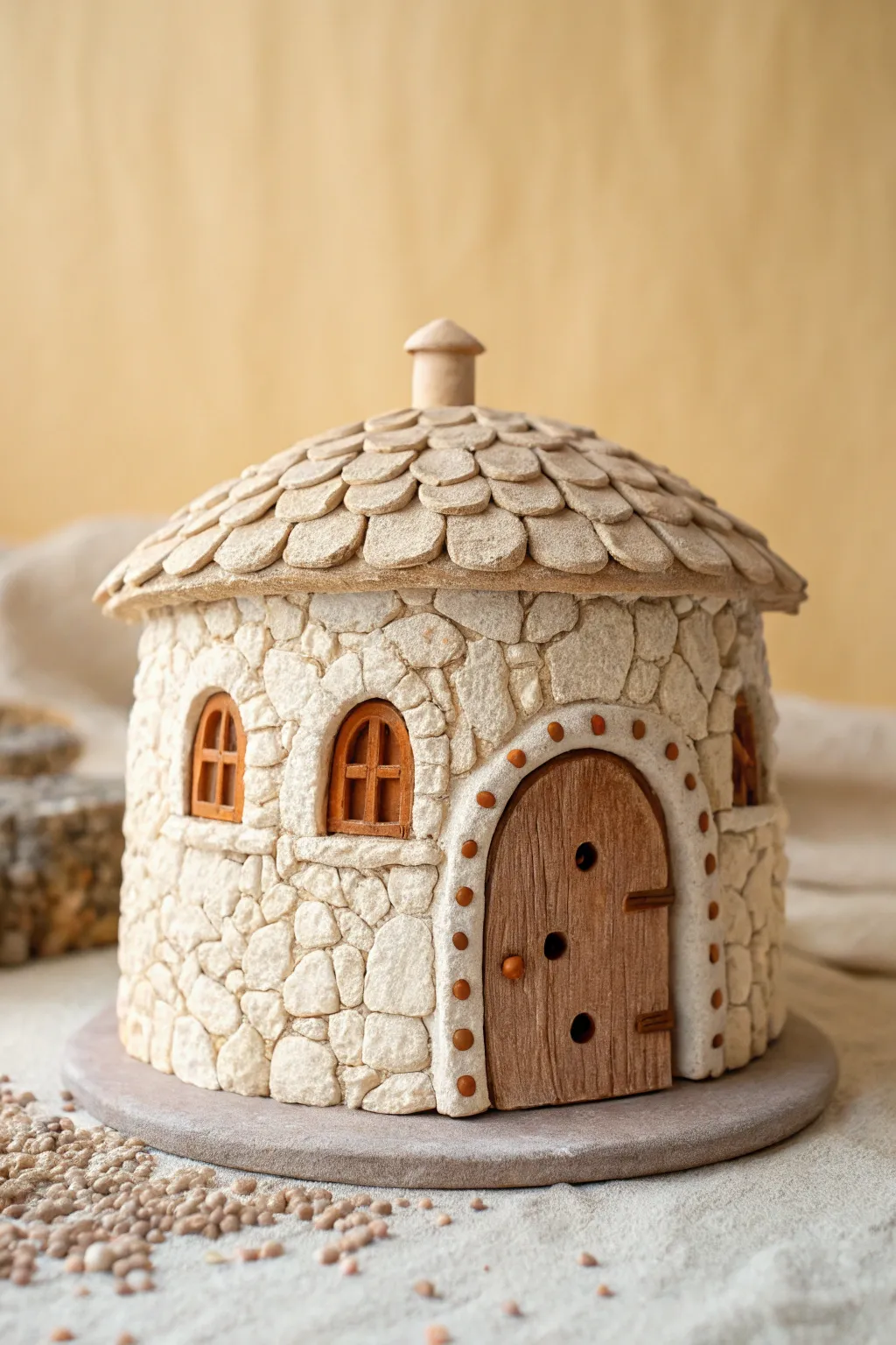 Stone wall mini clay cottage with a pebble path, minimalist Scandinavian charm and bold contrast.