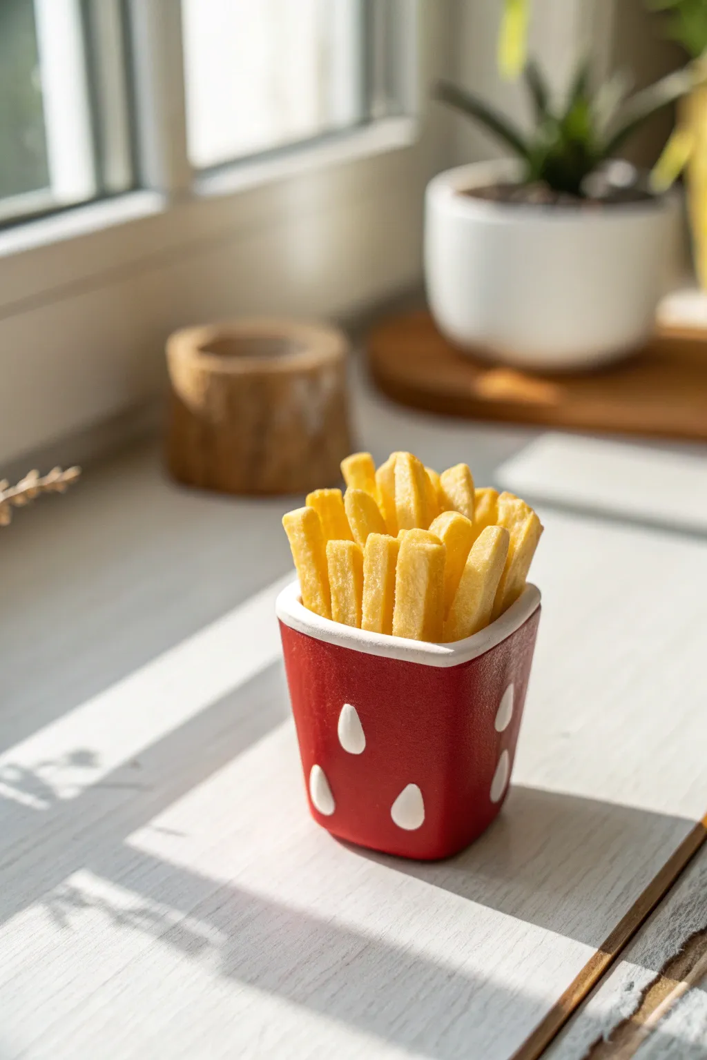 Little French fry cup charm in bold red and golden clay, minimalist styling with cozy boho warmth.