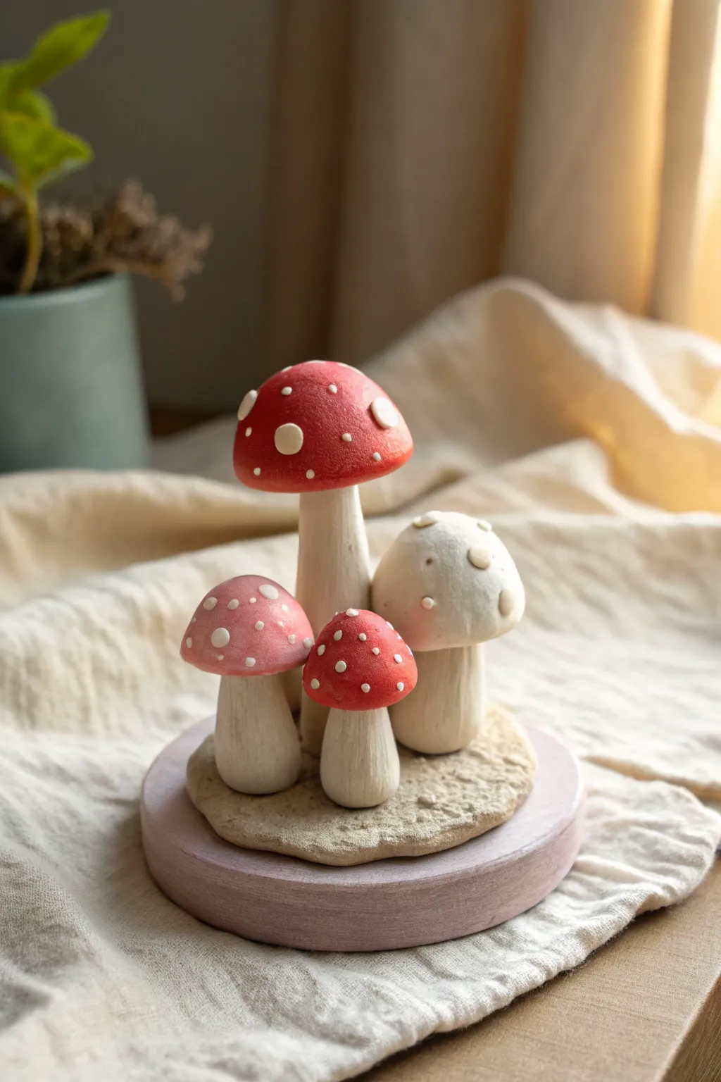 Tiny mini mushroom cluster in bold reds and blush, minimalist Scandinavian clay decor idea.