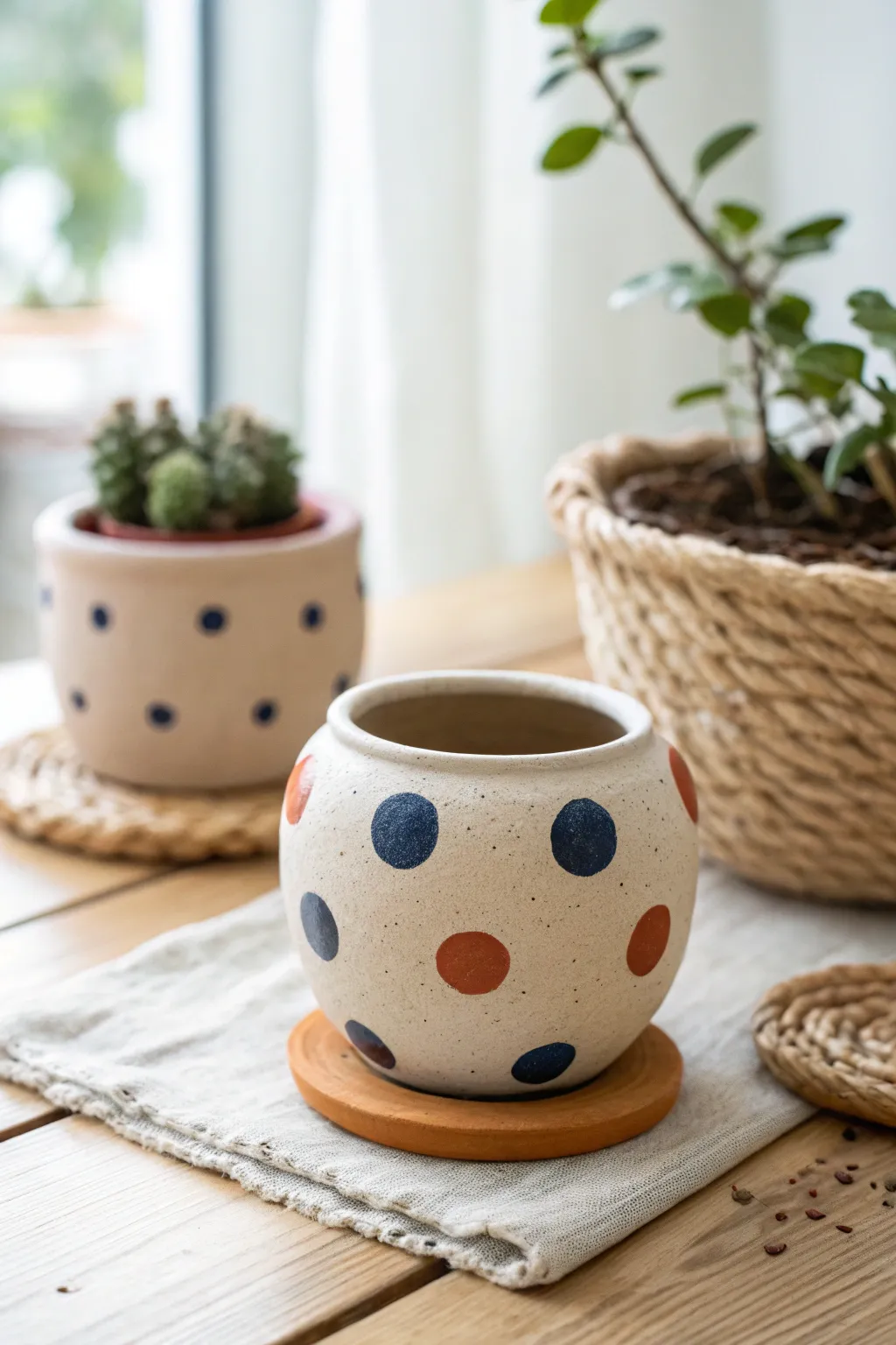 Easy mini clay pot decor: bold polka dots with a soft confetti-speckle accent nearby.