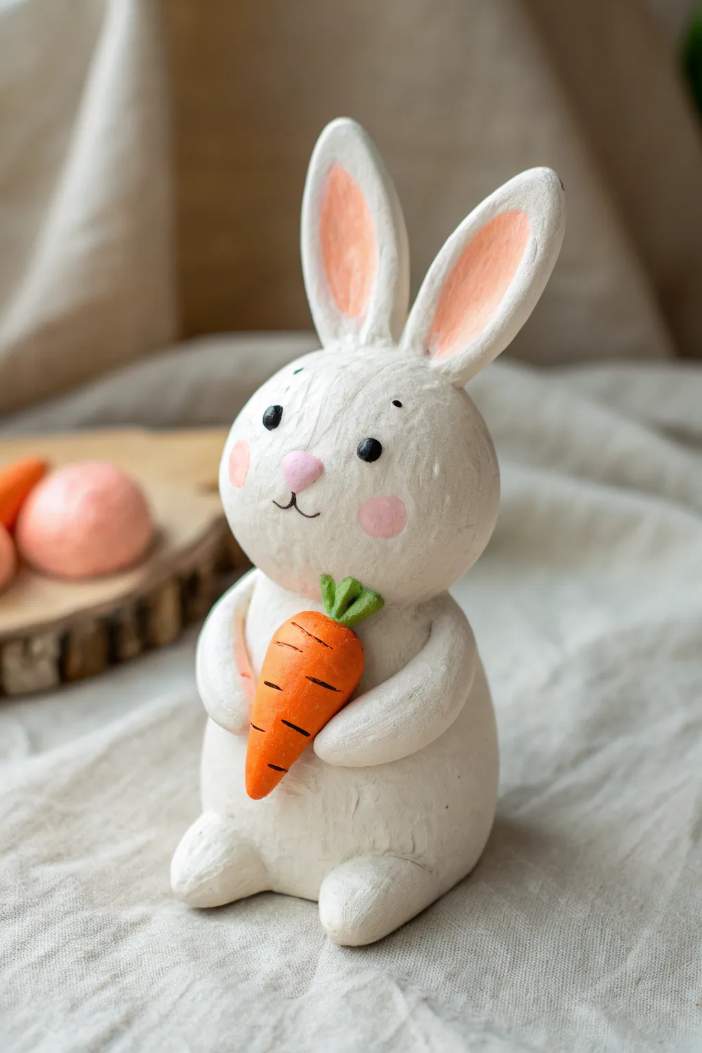 Mini clay bunny holding a bold orange carrot, simple Scandinavian-boho decor with sweet charm.