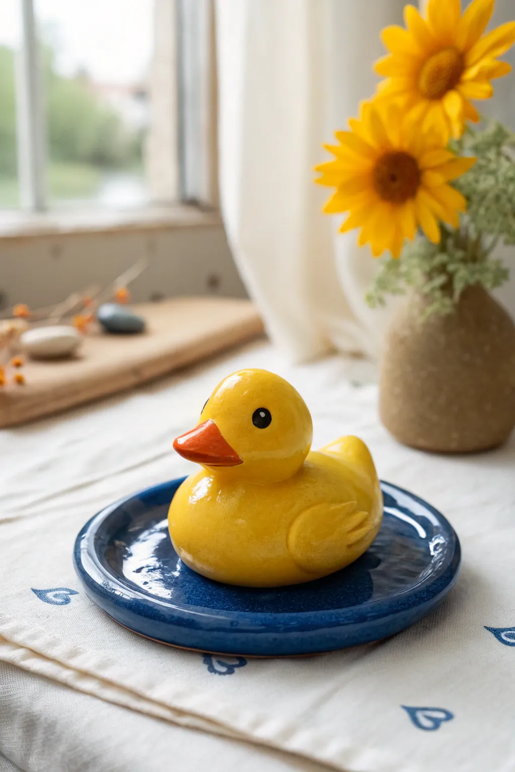 Cute mini clay duck with button eyes on a tiny blue puddle, simple and handmade.