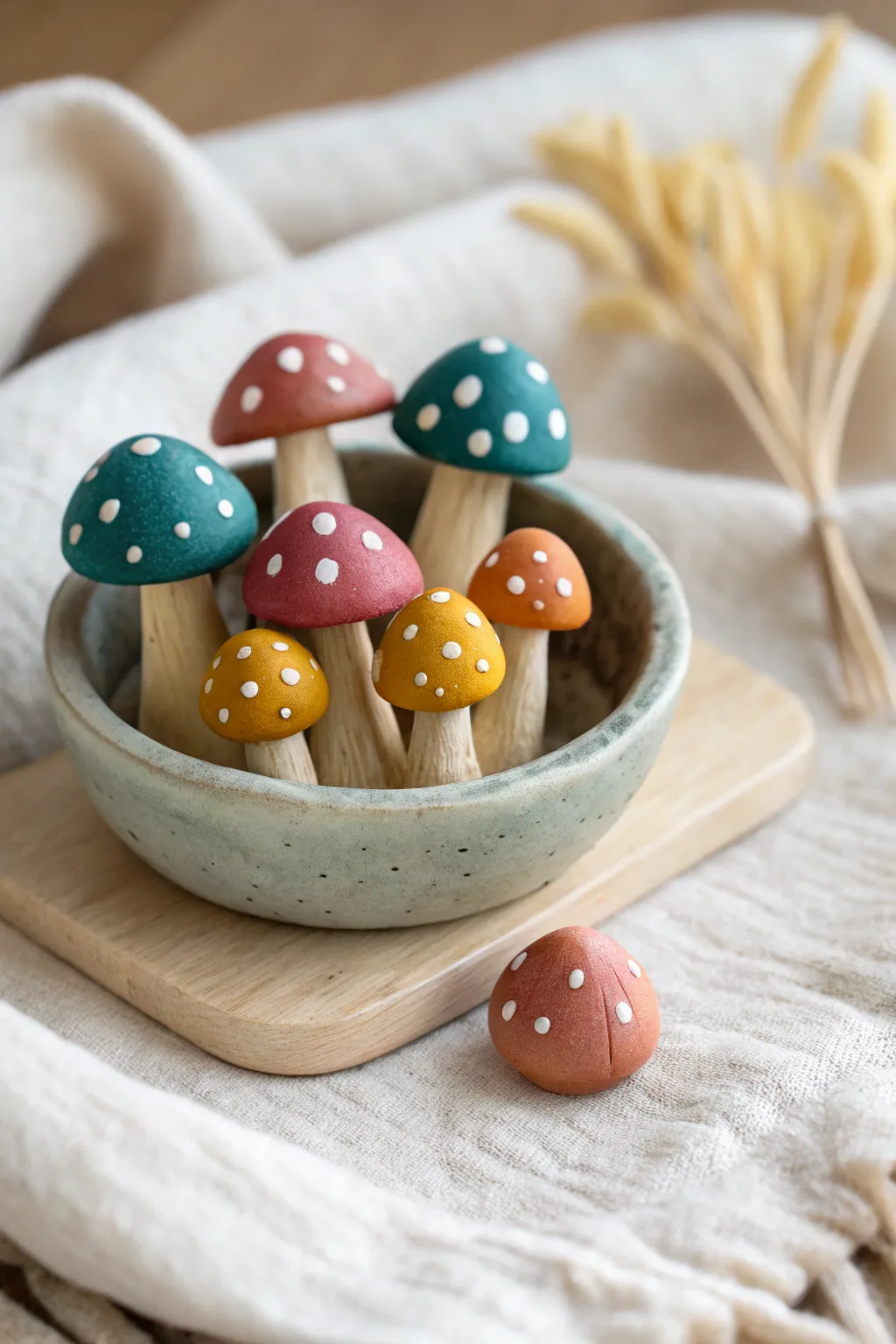 Tiny polymer clay mushroom sprout cluster in bold colors, a sweet mini forest for your shelf.