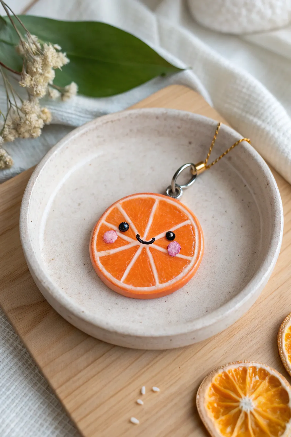 Mini kawaii citrus slice in bold colors on a minimalist plate, cute air dry clay inspiration