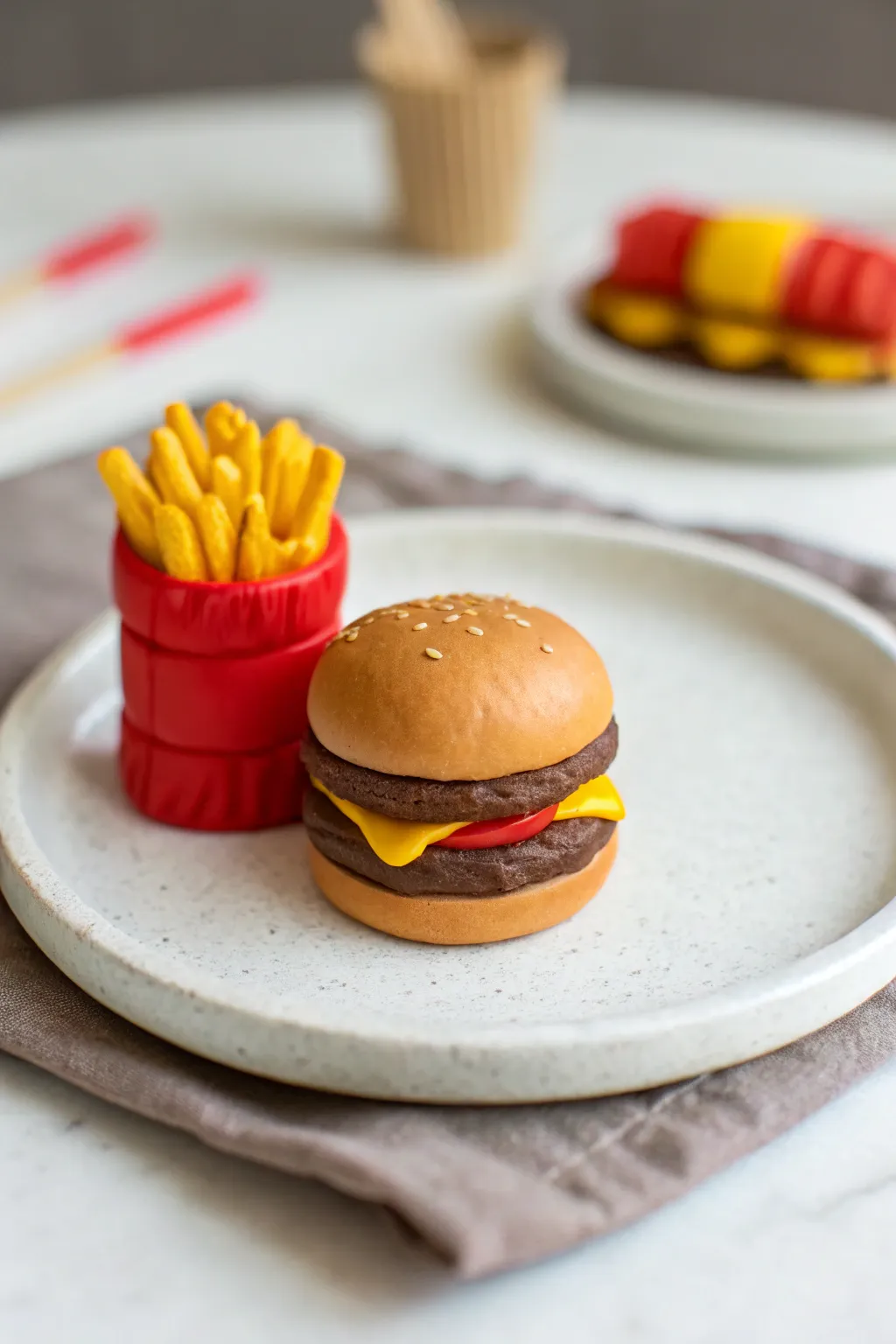 Tiny clay burger and fries set with bold colors for an easy, adorable model magic mini meal.