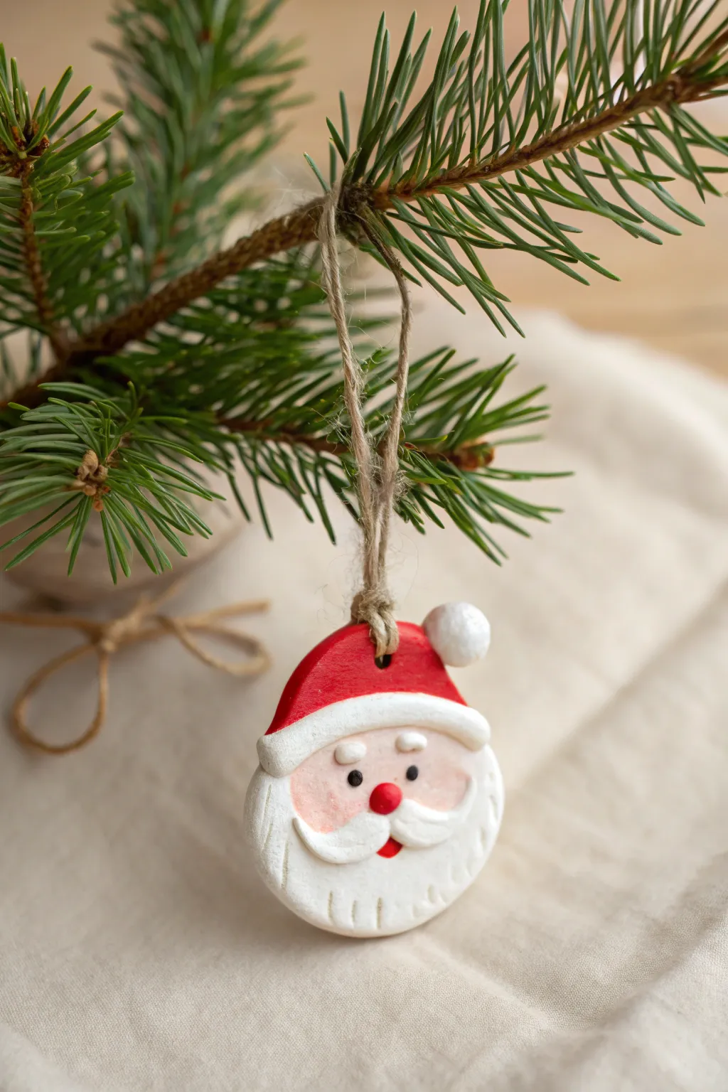 Mini clay Santa face ornament with rosy cheeks and bold red hat, simple Nordic holiday charm.