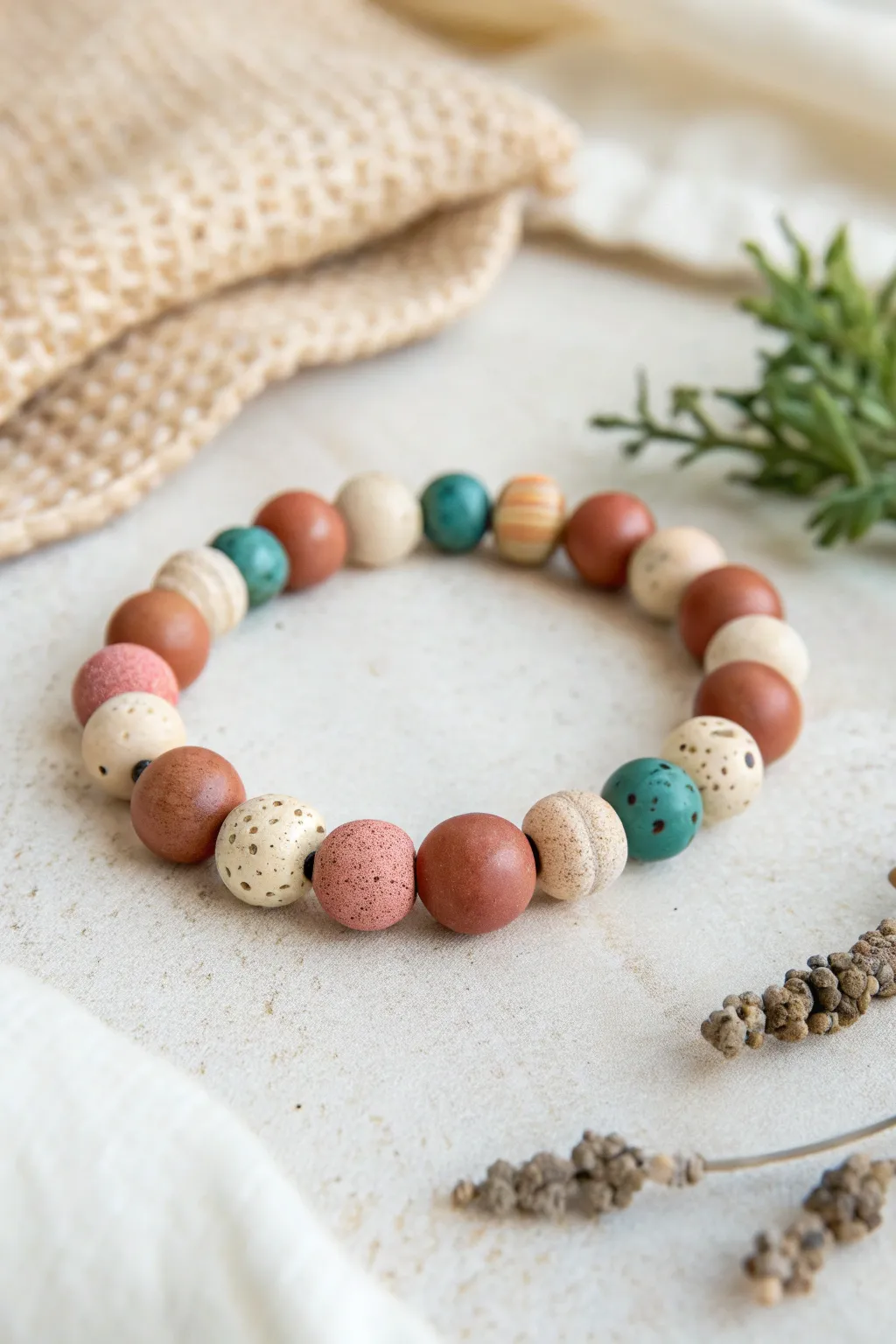 Simple handmade clay bead bracelet in bold earthy hues, minimal Scandinavian boho styling.