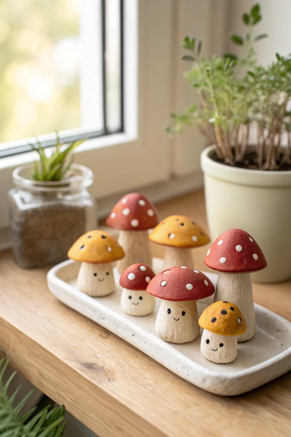 Tiny mushroom friends to brighten shelves and plant pots, simple clay cuties with bold color pops.