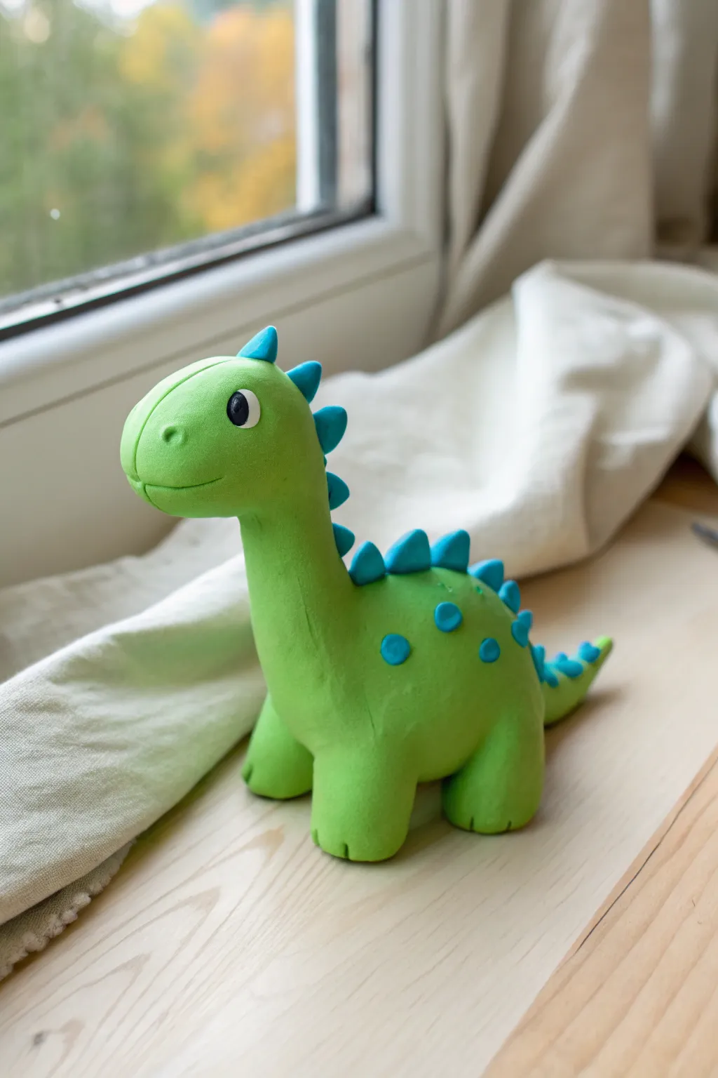 Easy chunky clay dinosaur with big feet and tiny spikes, perfect for kid-friendly sculpting.