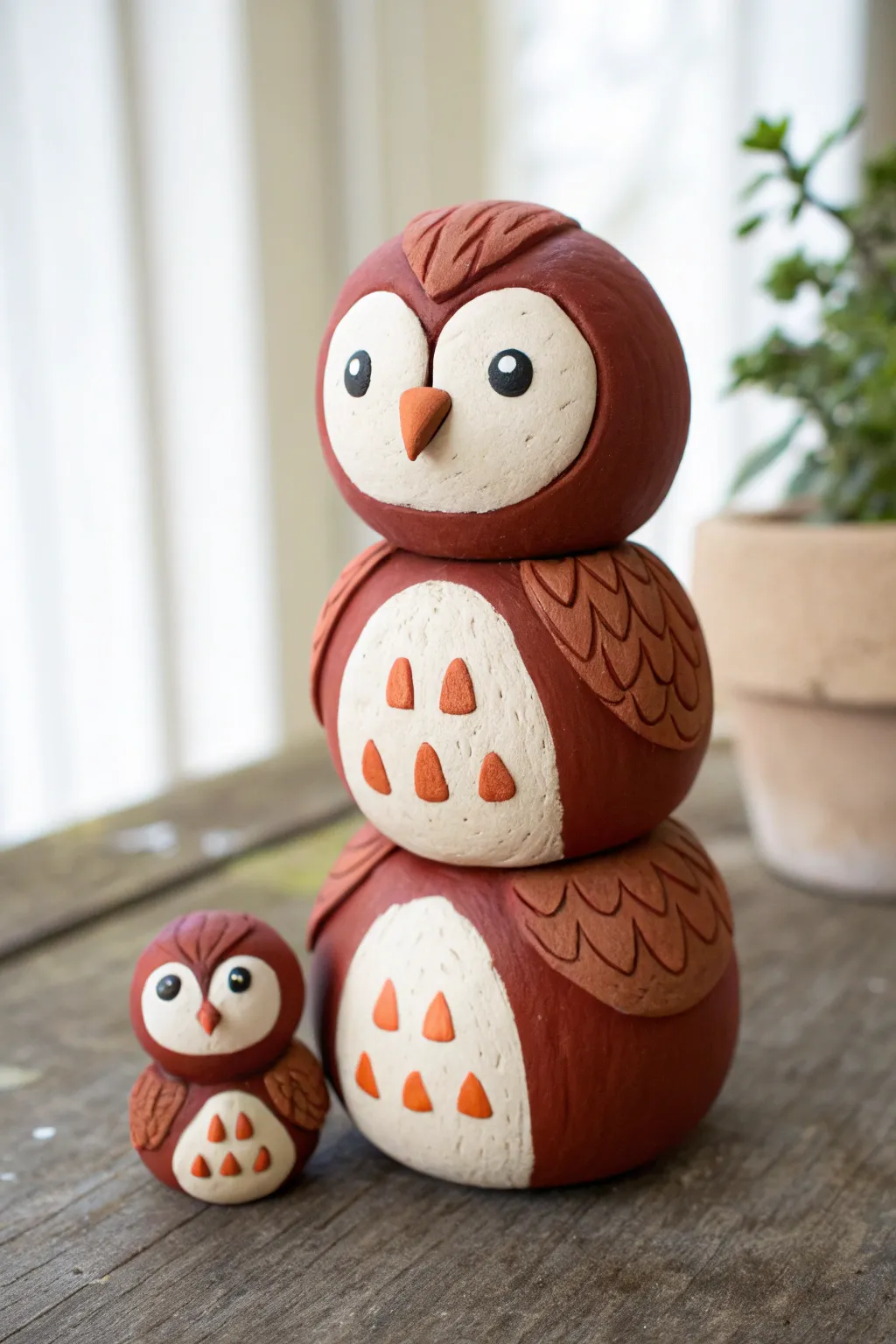 Chubby bird totem in bold cobalt and terracotta, a simple clay sculpture idea for beginners