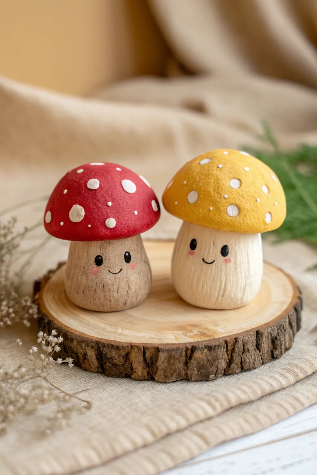 Two cute clay mushroom buddies with bold caps on a wood slice, minimalist and Pinterest ready