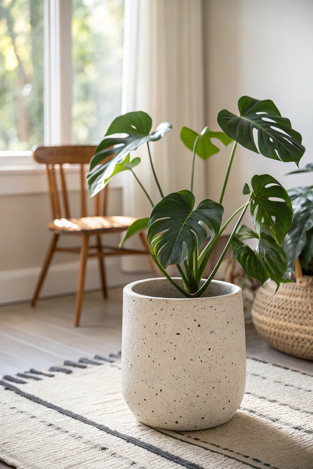 Neutral speckled stoneware planter + glossy monstera leaves for a calm, cozy Scandi-boho corner.