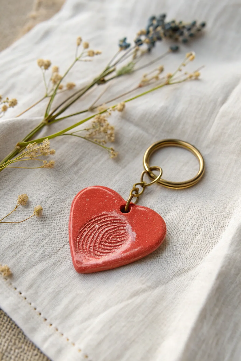 Simple glossy fingerprint heart keychain, a sweet DIY clay gift for Mothers Day at home.
