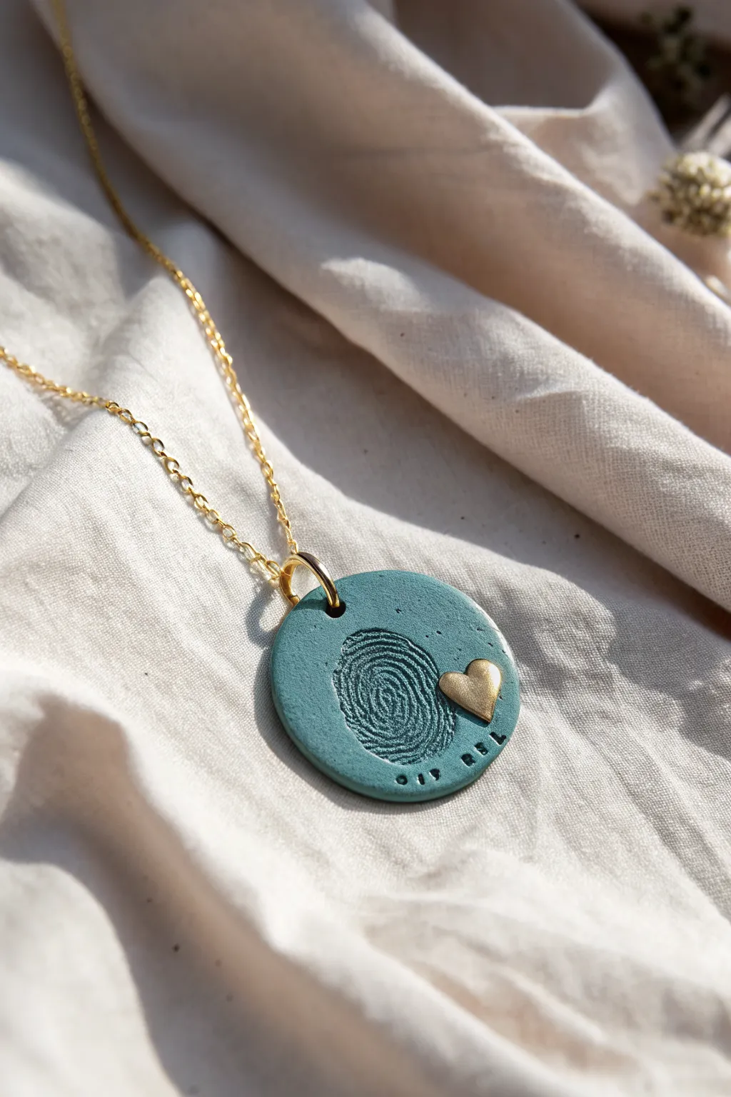 Bold teal fingerprint clay pendant necklace, a minimalist handmade Mothers Day keepsake