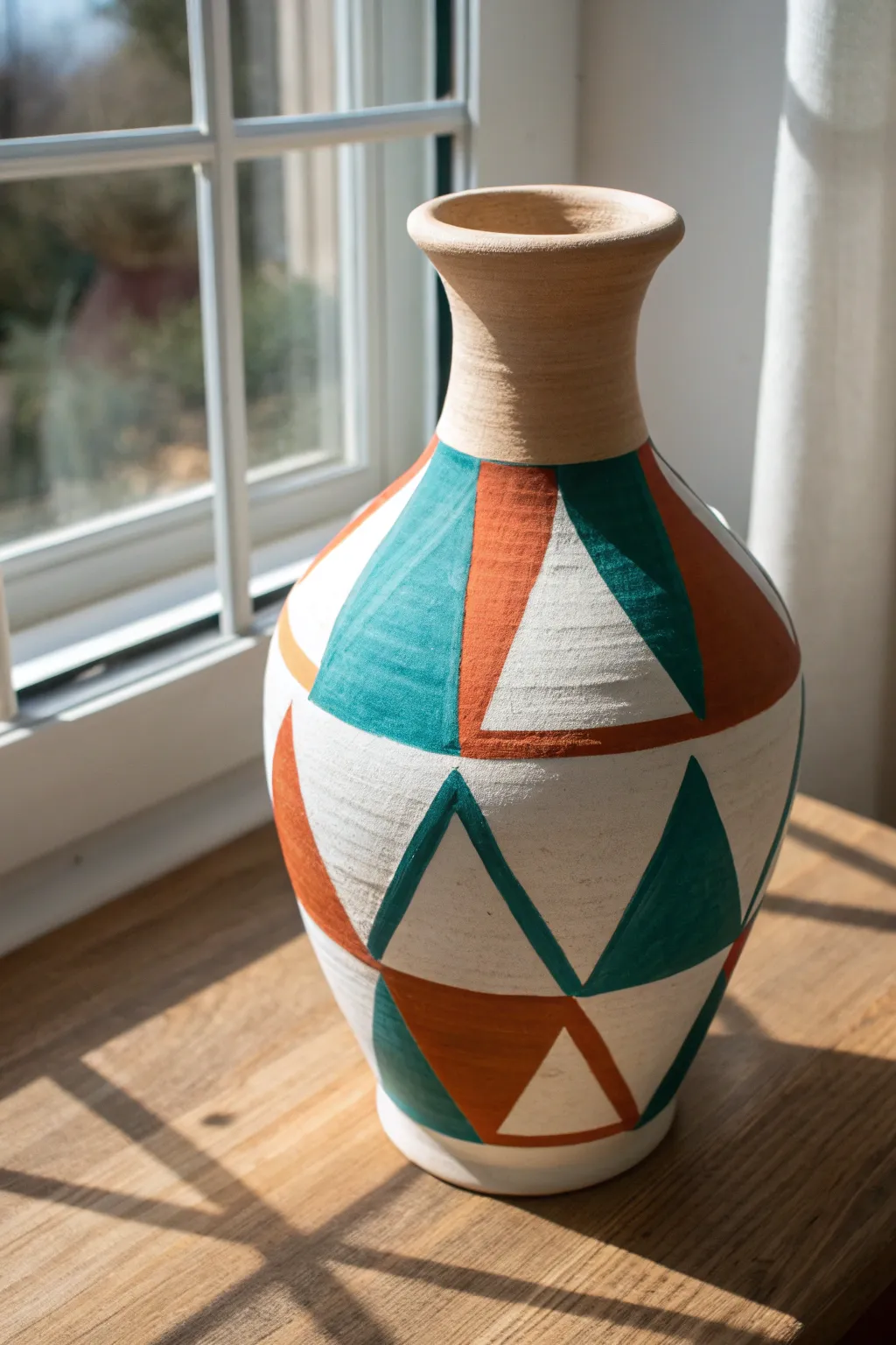 Modern mud-painted terracotta vase with bold geometric blocks and sunlit shadows