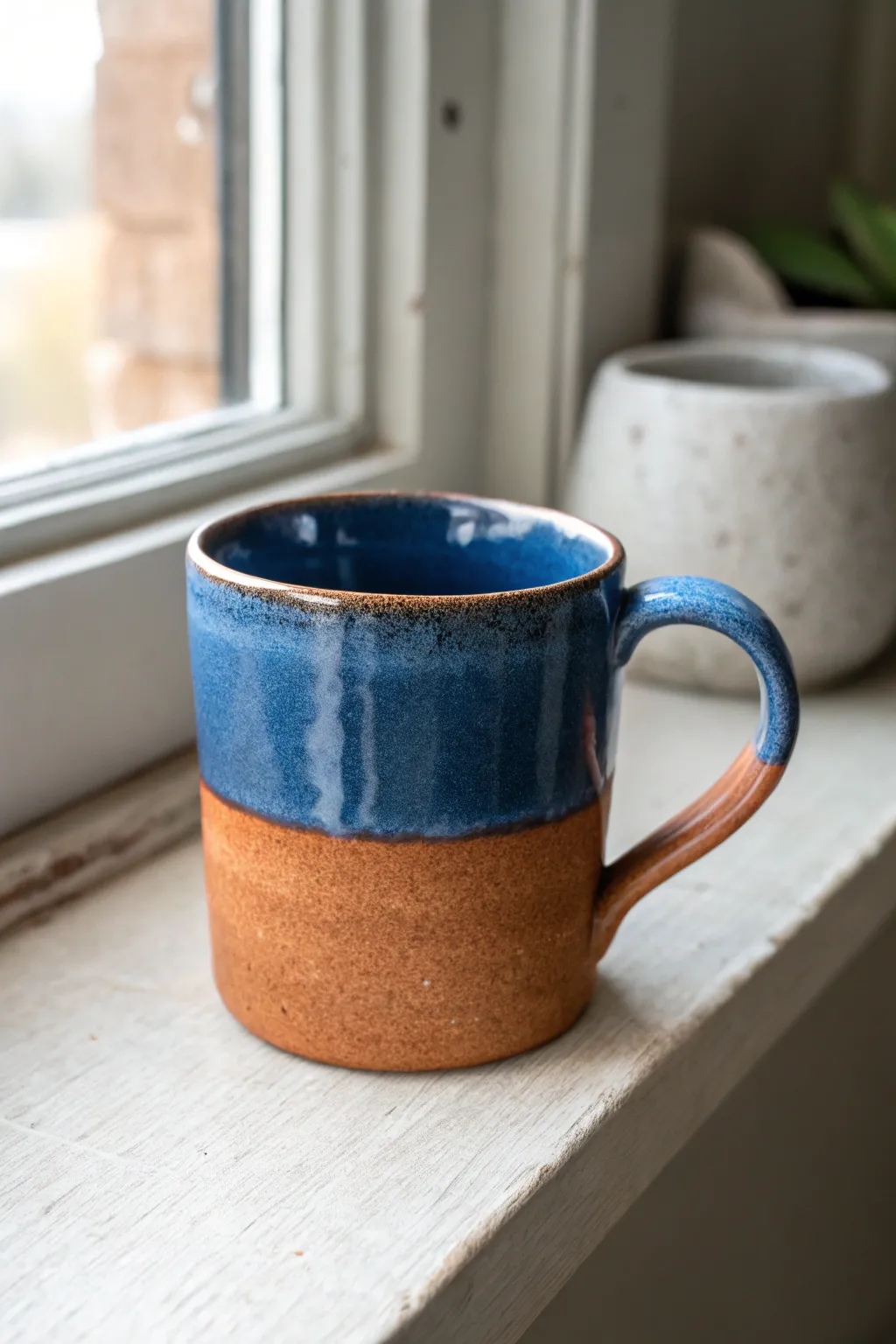 Raw clay base meets glossy cobalt glaze for a modern, tactile mug glazing idea at home.