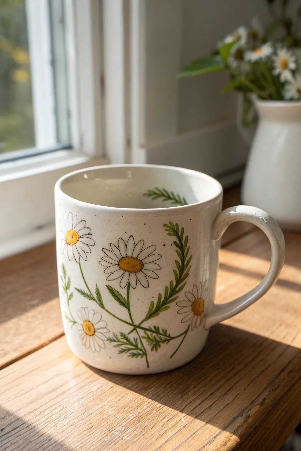 Simple daisy chain florals on a hand-painted mug, warm light and minimalist boho vibes.