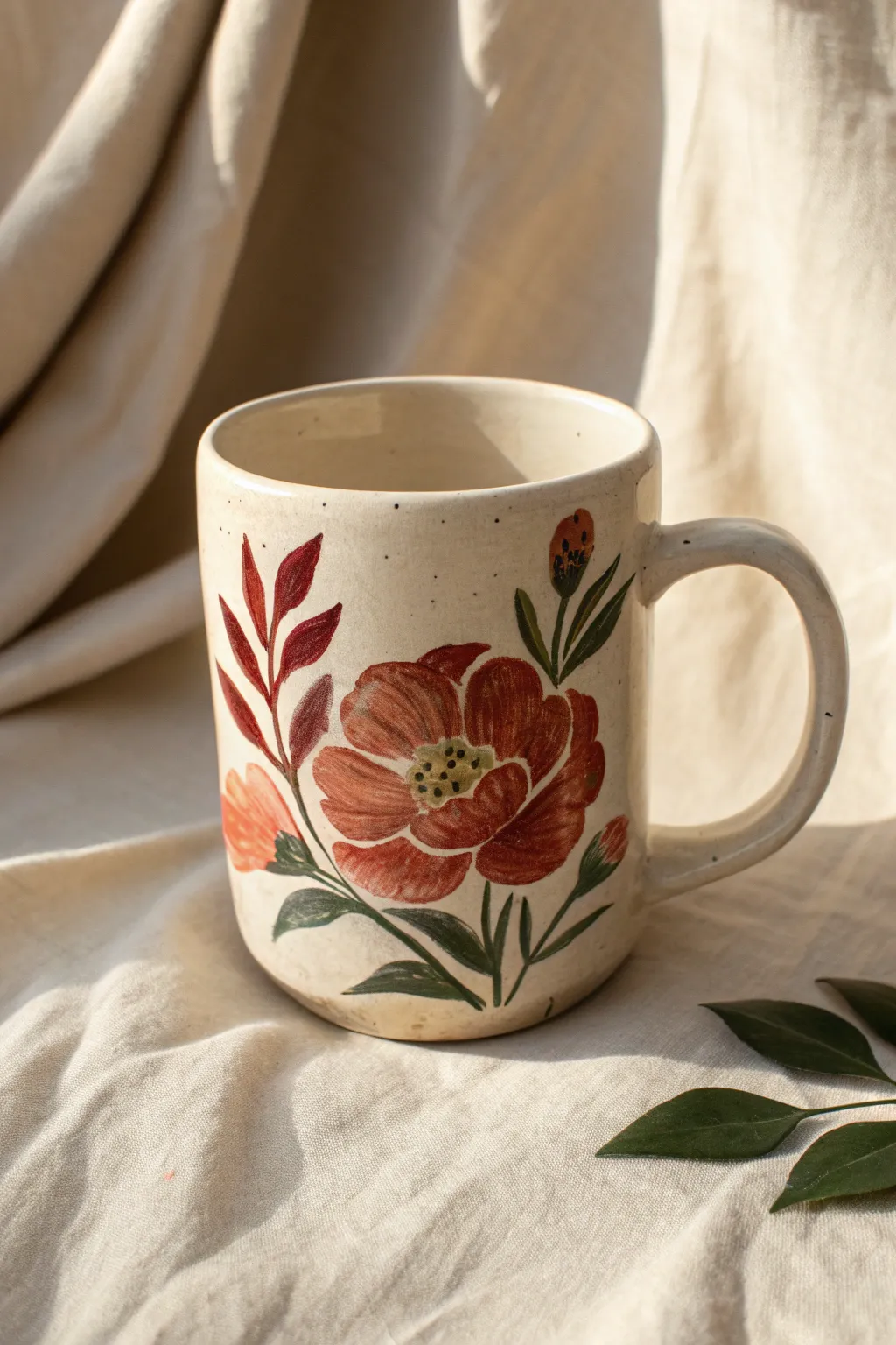 Single statement bloom: a bold peony-style flower and leaves for an easy, elegant mug design.
