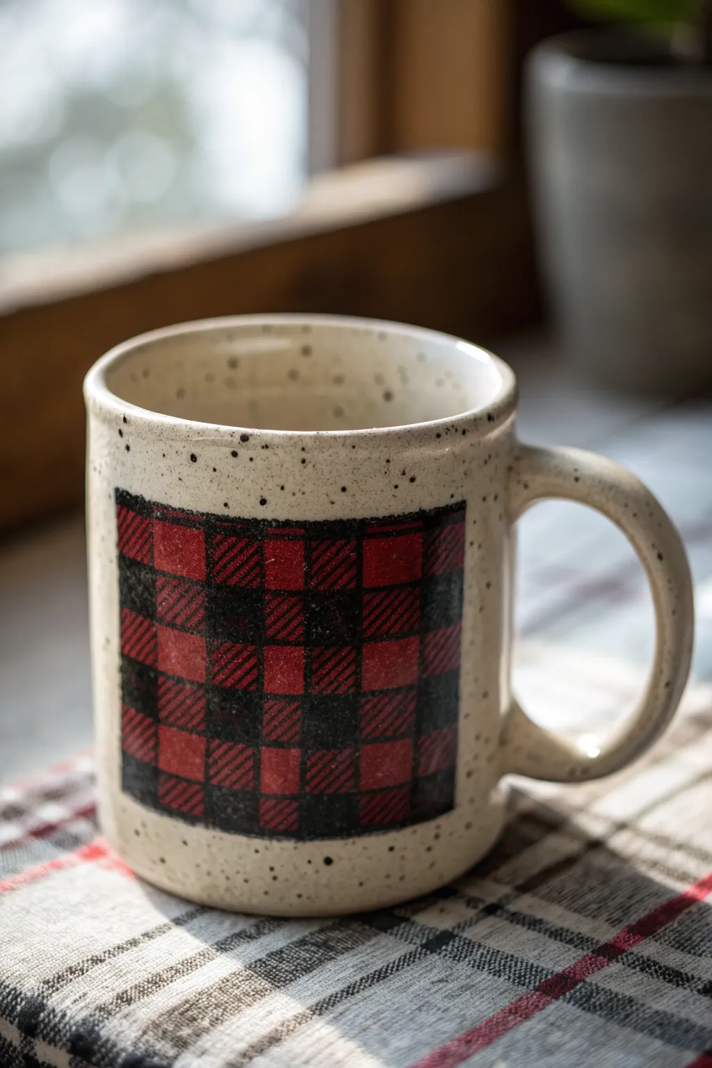 Classic flannel plaid grid mug in deep red and black, simple, bold, and handmade-cool.