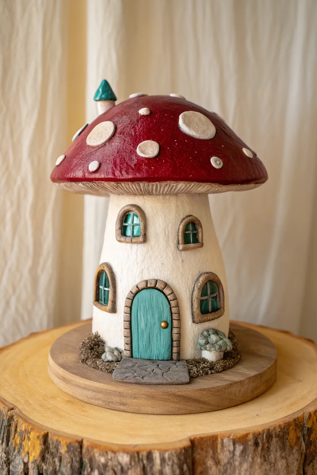 Whimsical mushroom cottage pottery with tiny door, windows, and stone path in bold earthy hues