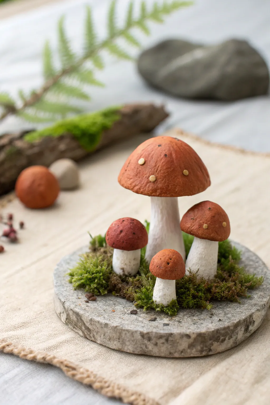 Mini clay mushrooms in earthy tones, styled like a tiny forest with pebbles and mossy greens.