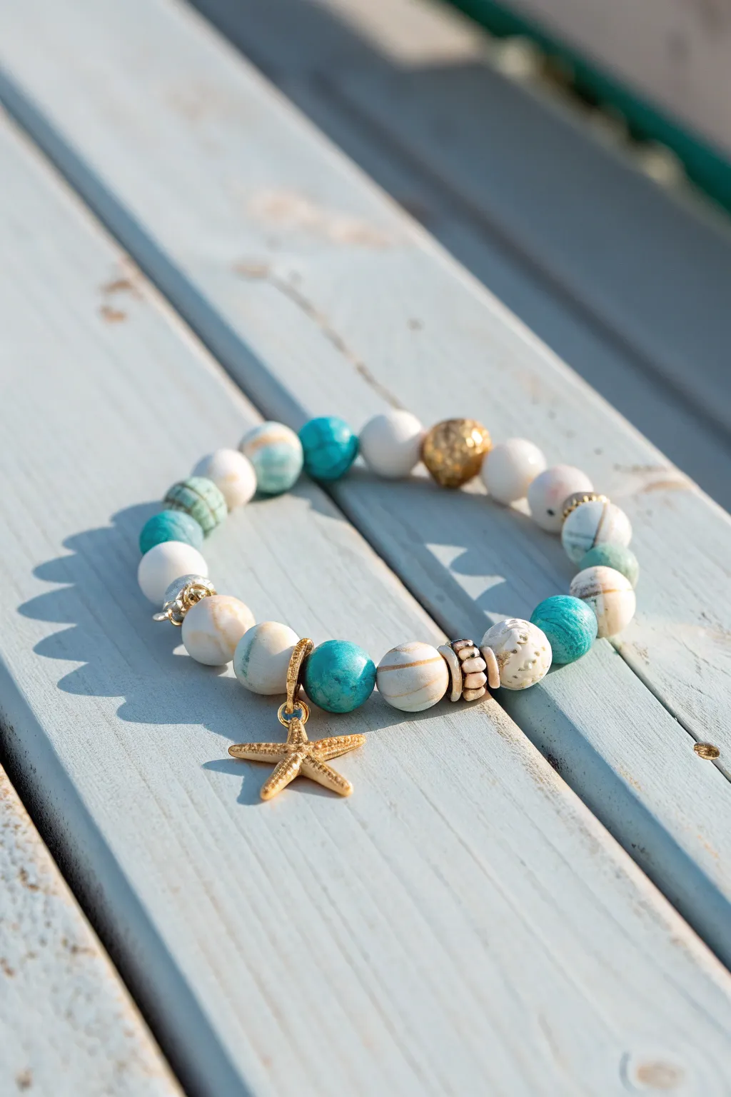 Turquoise and white ocean clay beads with a gold starfish charm and sunny spacers.