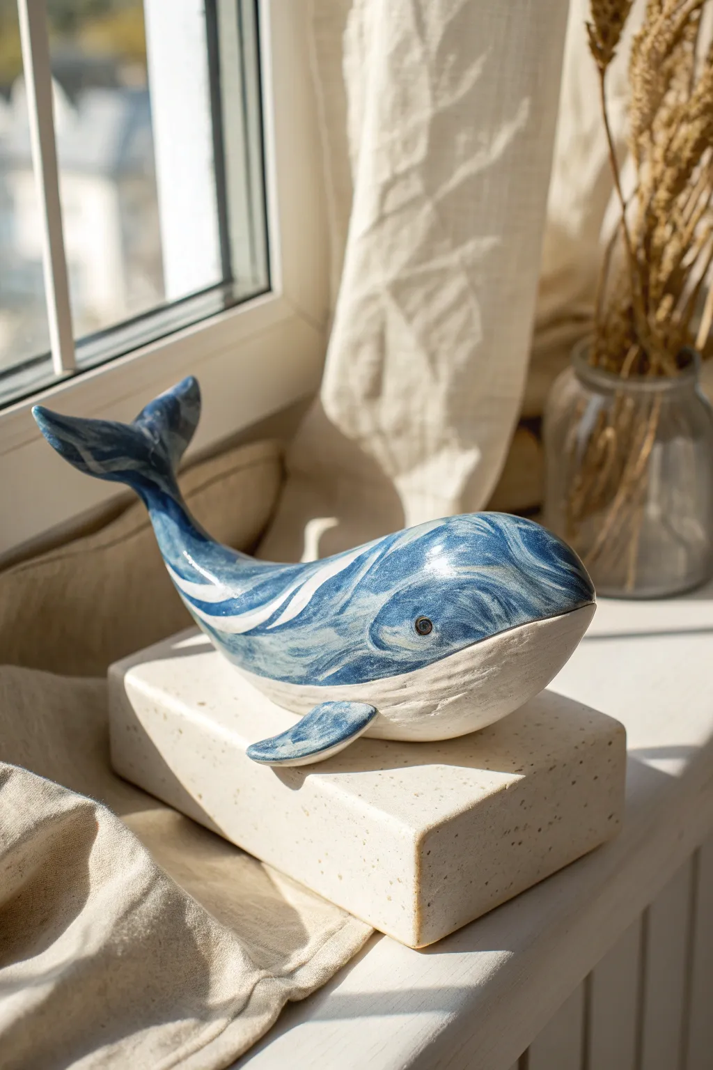 Minimal clay whale with marbled ocean waves, bold blue contrast, and calm Scandinavian styling