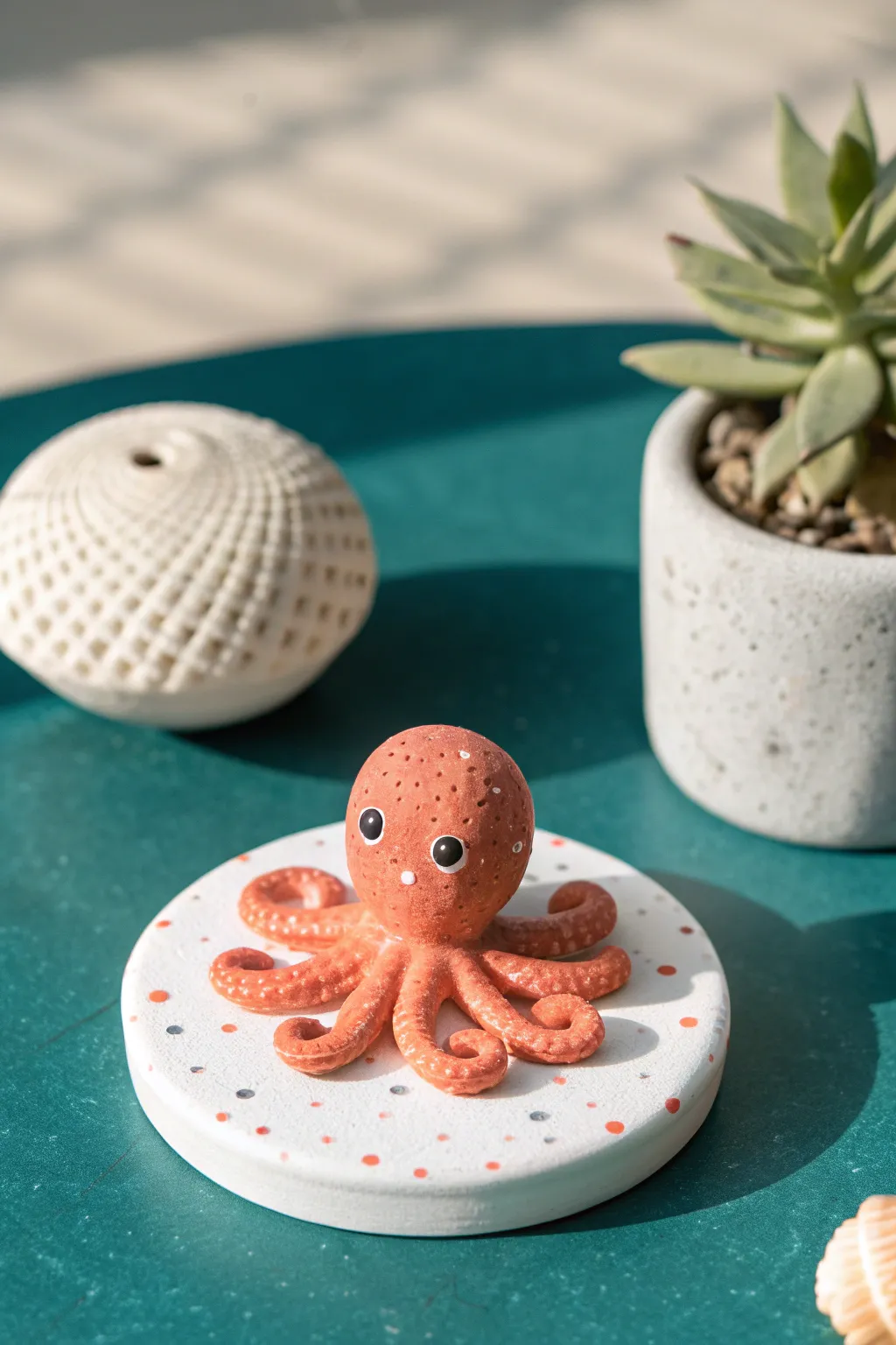 Cute clay octopus phone grip topper in bold coral on a calm minimalist backdrop.
