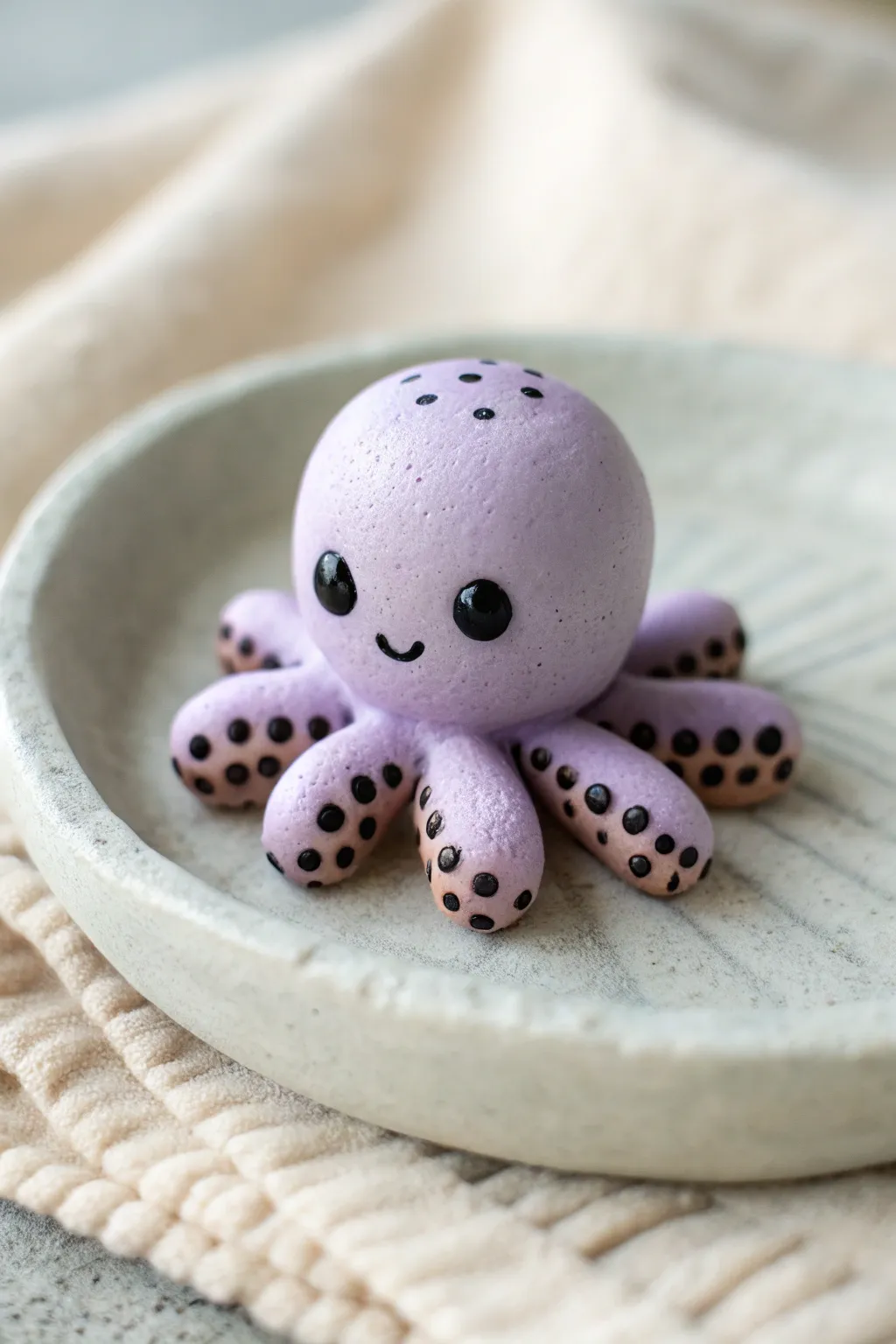 Mini clay octopus with dot-eyes and U-smile, perfect for cute minimalist sea-creature decor