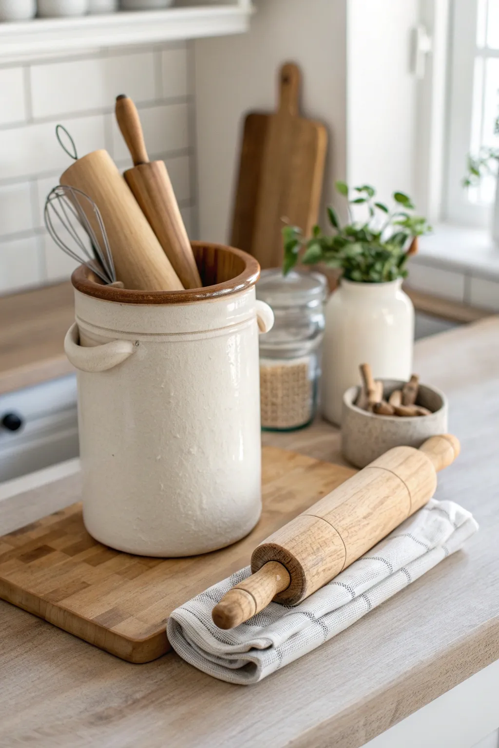 Turn an old crock into a chic baking station holder for rolling pins and wooden tools.