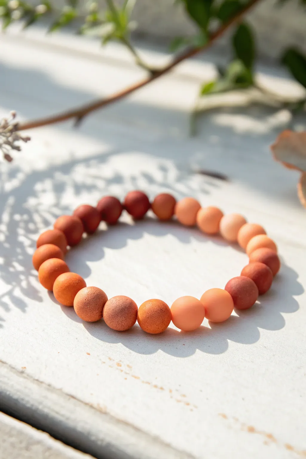 Burnt orange to peach ombre clay bead bracelet for warm, minimalist Scandinavian boho style.