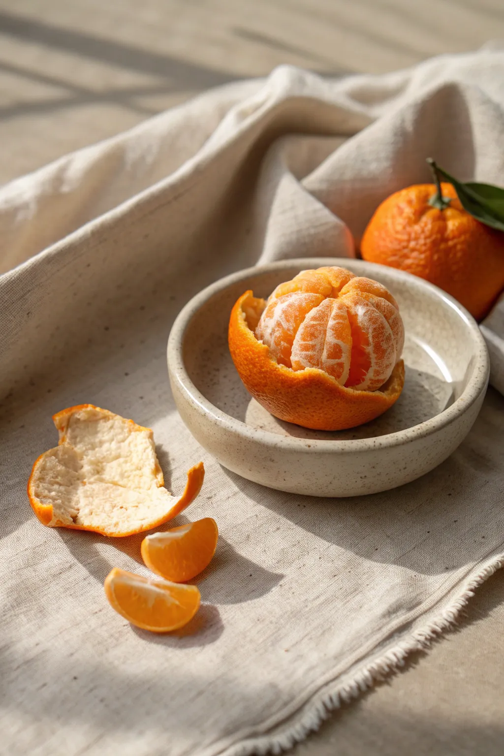 Partly peeled orange mini clay sculpture on a simple dish, bold color with calm Nordic styling