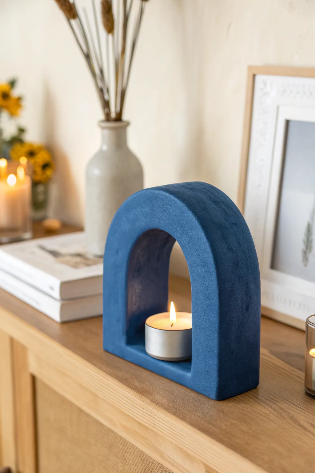 Minimal oven bake clay tealight holder idea in bold color for cozy Scandinavian boho decor