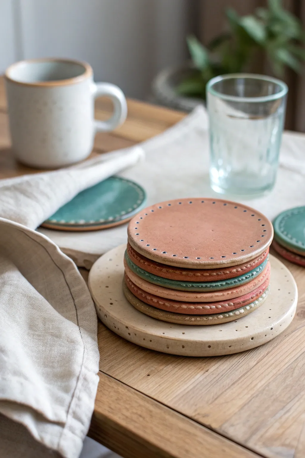 Beginner-friendly oven-bake clay coasters in bold boho colors with simple minimalist patterns