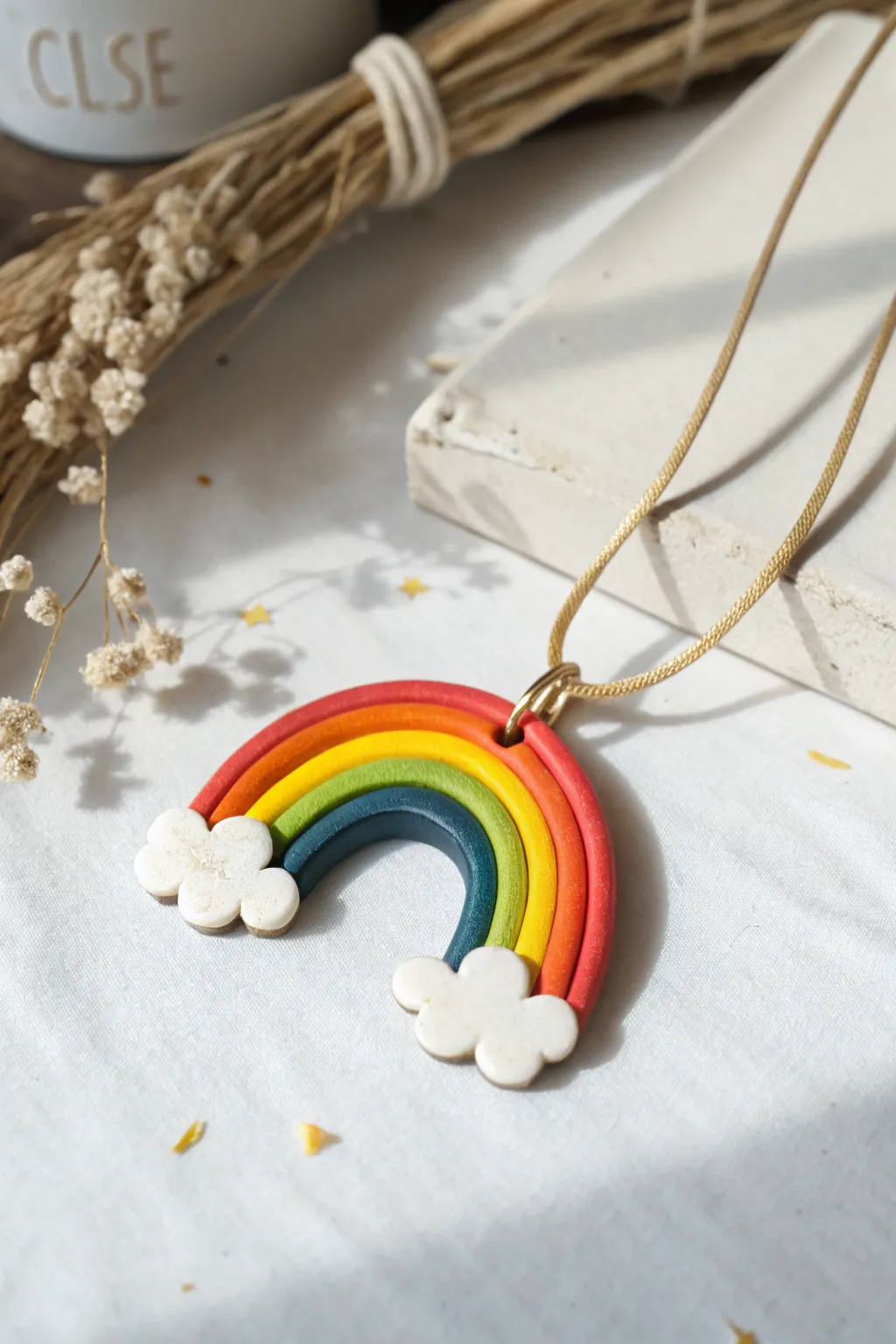 Bright rainbow and cloud oven-bake clay pendant idea kids will love, clean minimalist style