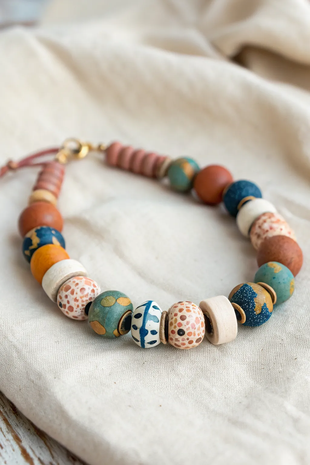 Colorful handmade polymer clay bead bracelet on neutral linen, simple, bold, and beautifully crafted