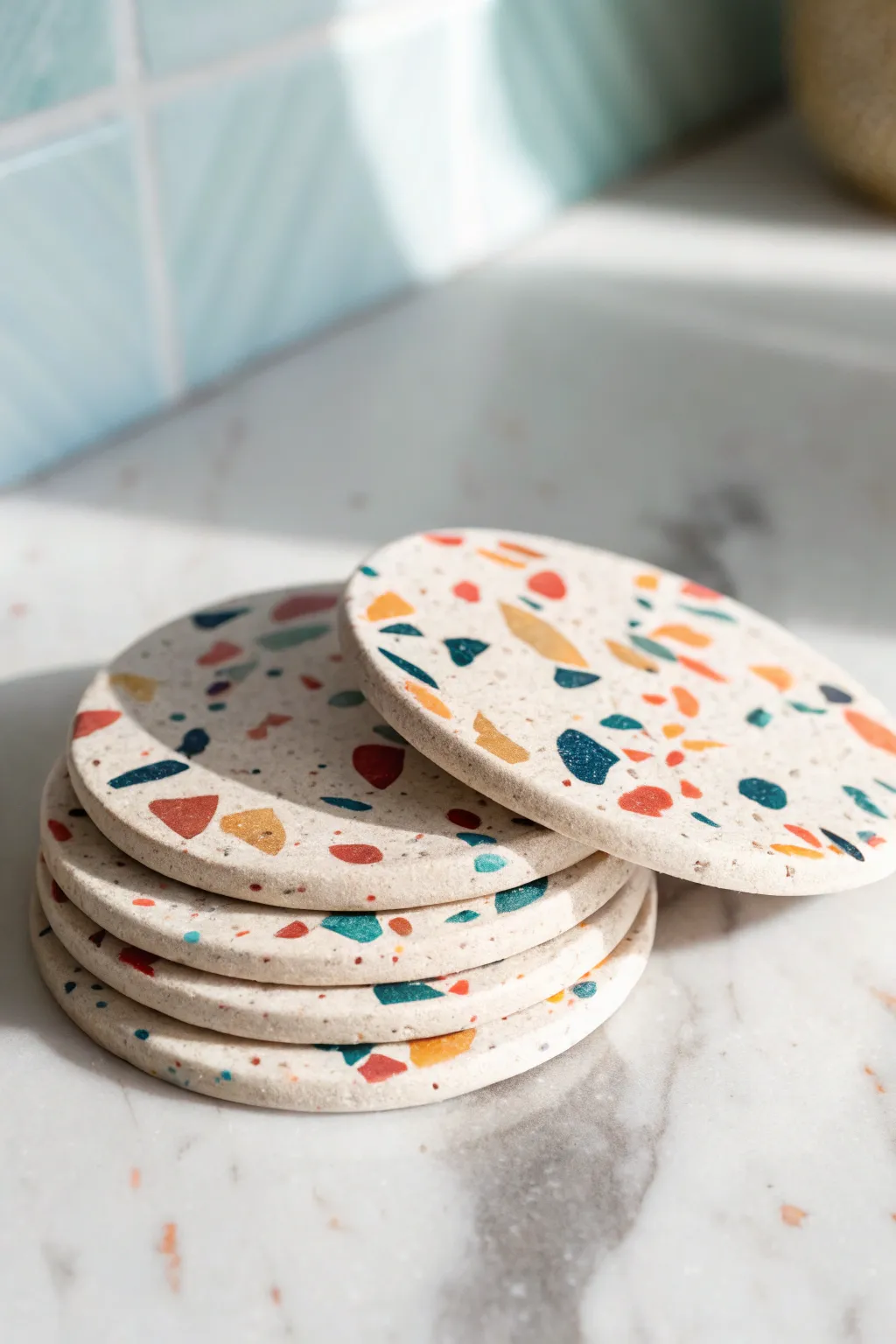 Bold terrazzo oven-clay coasters in a clean Scandinavian style with playful boho color pops