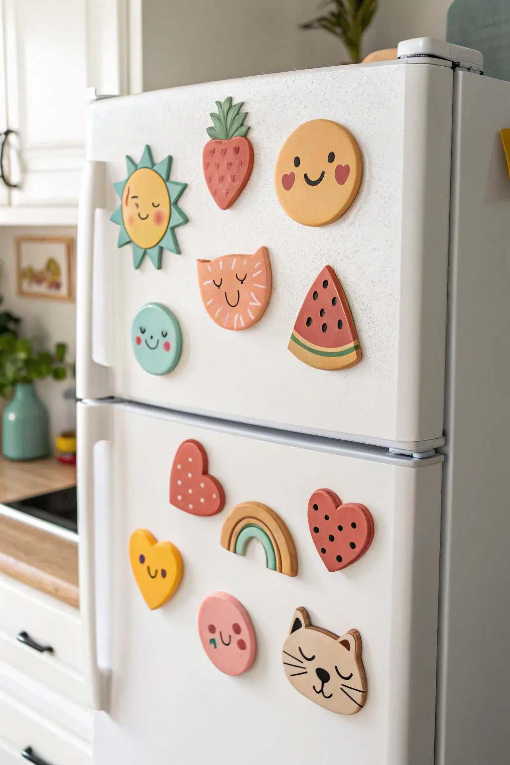 Cute oven-bake clay fridge magnet set in bright boho colors, simple shapes, big charm.