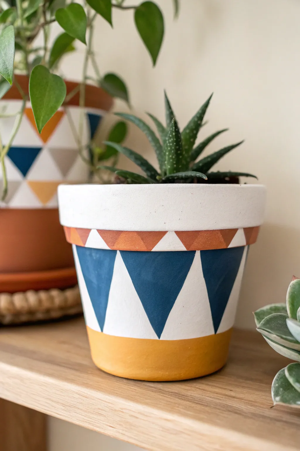 Bold triangle color-block flower pot on a neutral shelf for a modern Scandinavian boho look