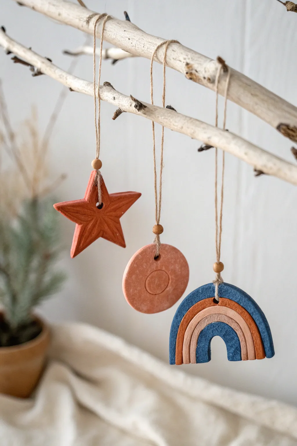 Minimal paper clay hanging ornaments in neutral tones with bold accents for a cozy boho look
