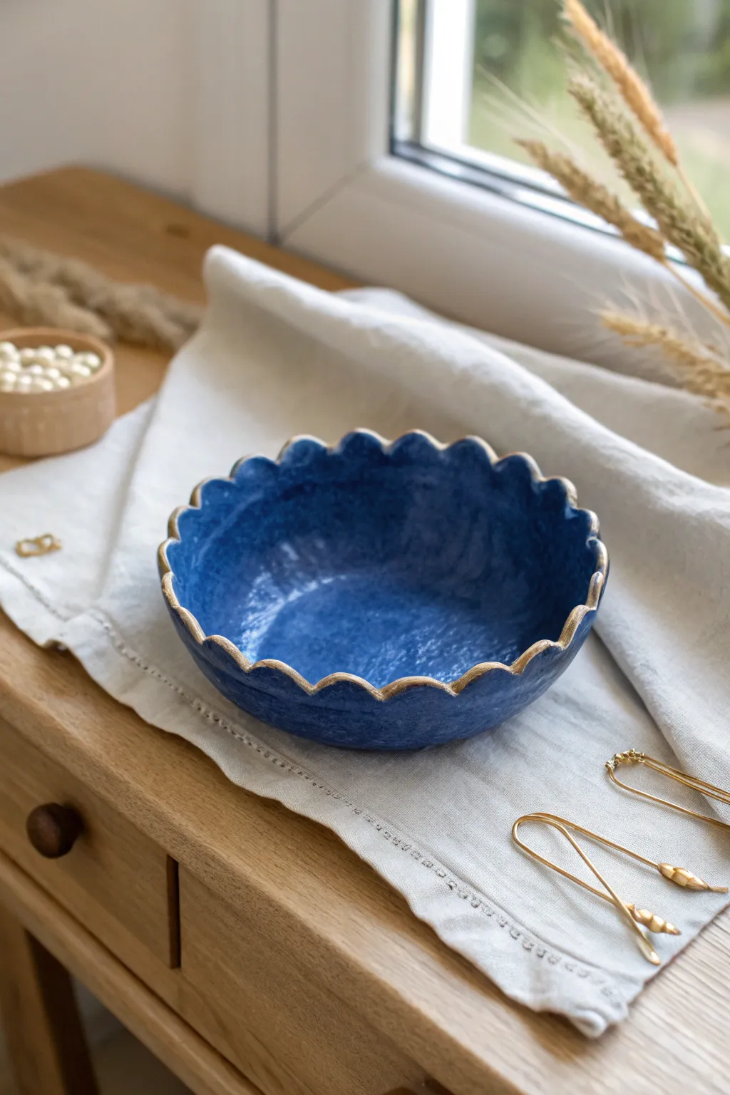 Scalloped-edge paper clay catchall dish in bold cobalt, perfect for clips and tiny essentials