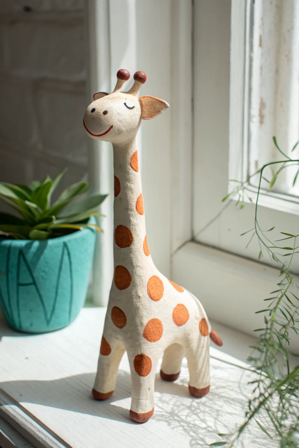 Cheerful paper clay giraffe with hand-painted spots, minimalist boho style and bold warm color