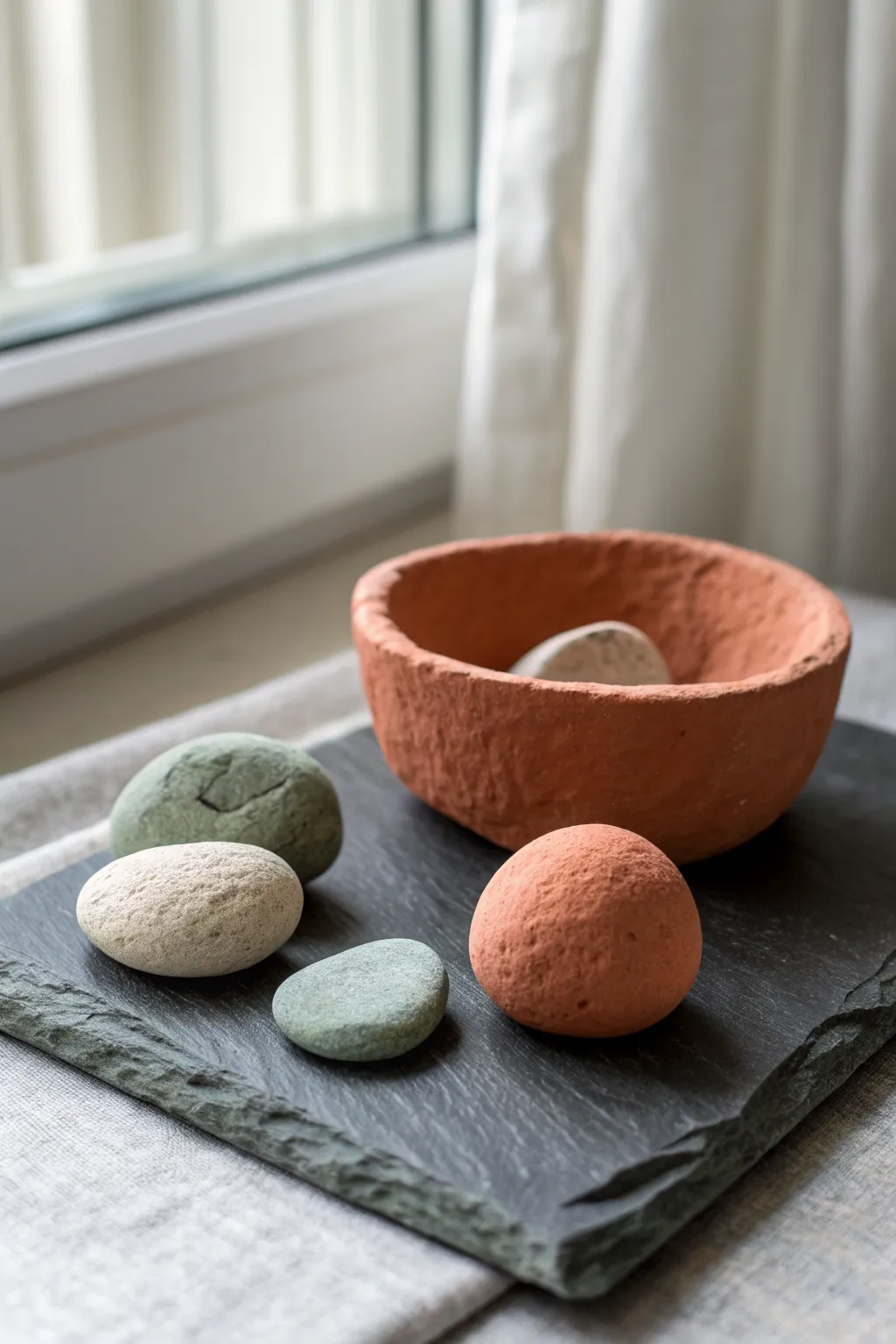 Tinted-through paper mache clay pebbles in terracotta, sage, and cream with a chipped reveal