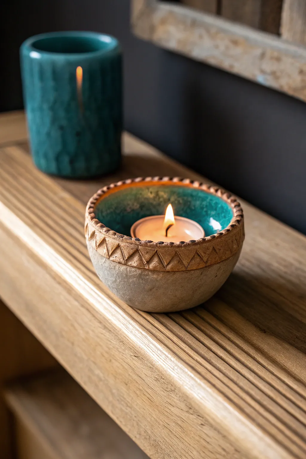 Cozy pinch pot tealight holder in warm terracotta with a bold glaze accent, minimalist boho charm.