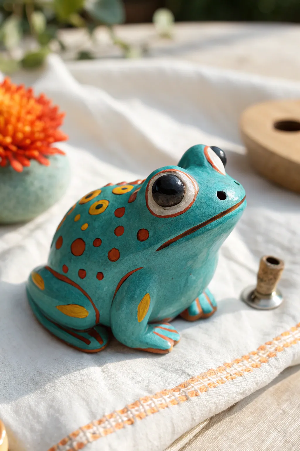 Squat frog clay whistle with big eyes and dotted back, bold colors on a calm minimalist backdrop.