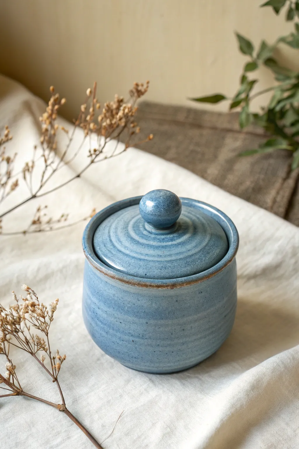 Beginner-friendly pinch pot jar with a rounded knob lid, simple shape, bold matte glaze.