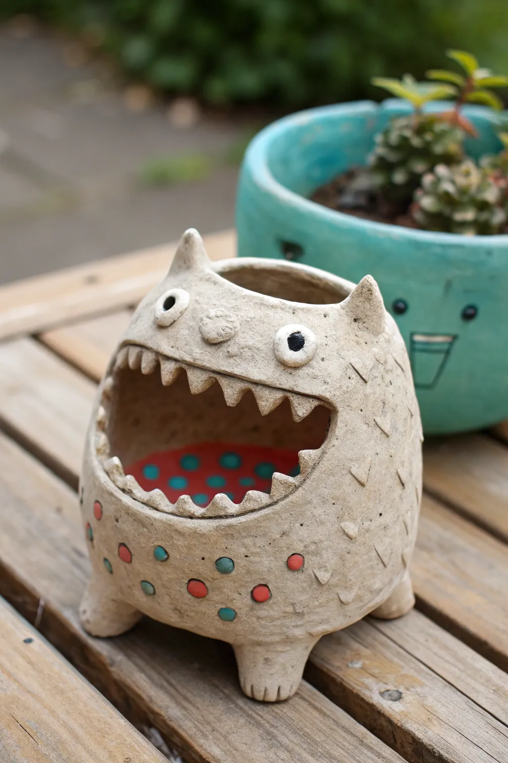 Snaggletooth pinch pot monster with goofy crooked teeth and bold color for playful pottery vibes.
