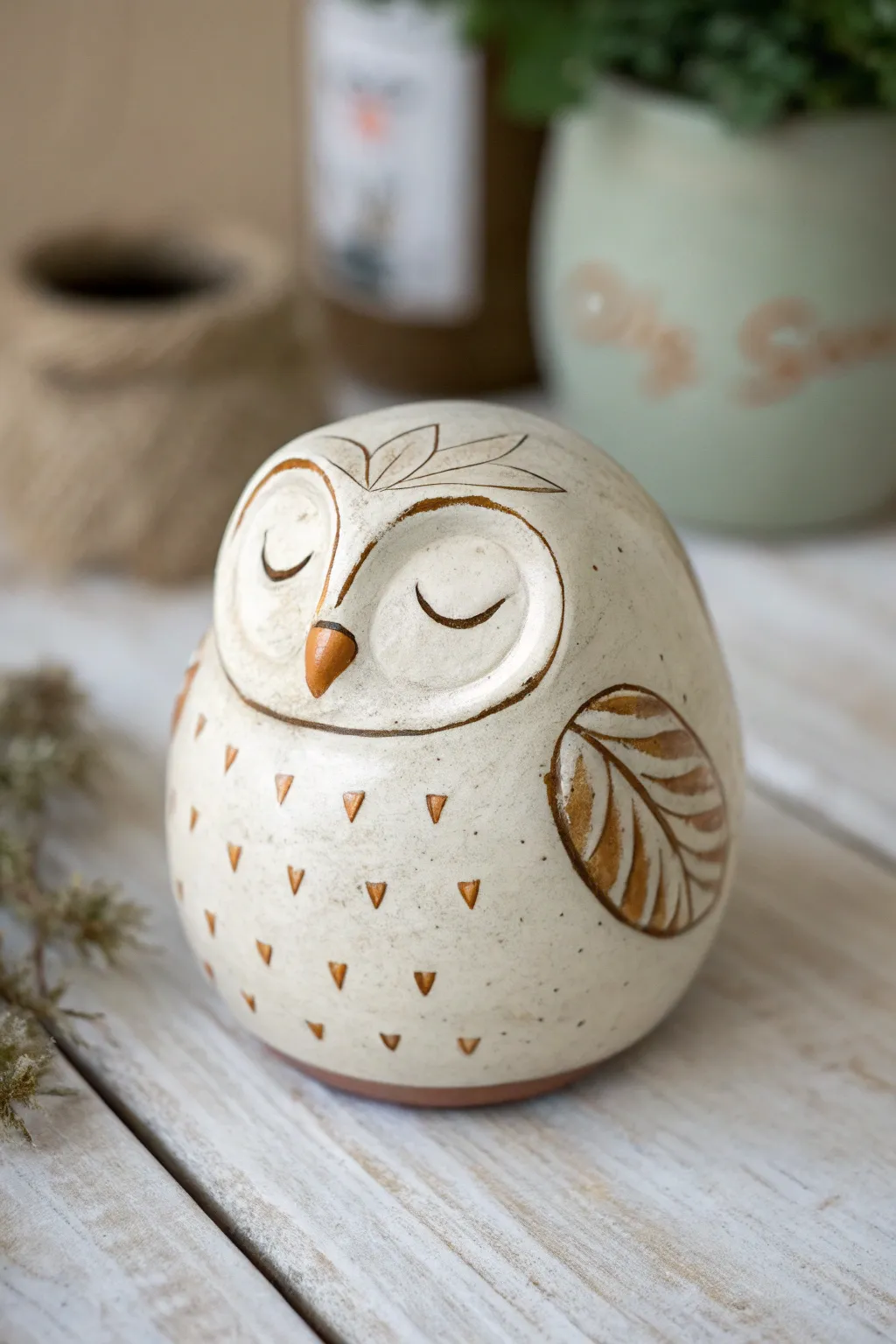 Sleepy owl pinch pot belly rattle in cream and speckled brown, simple handmade charm.