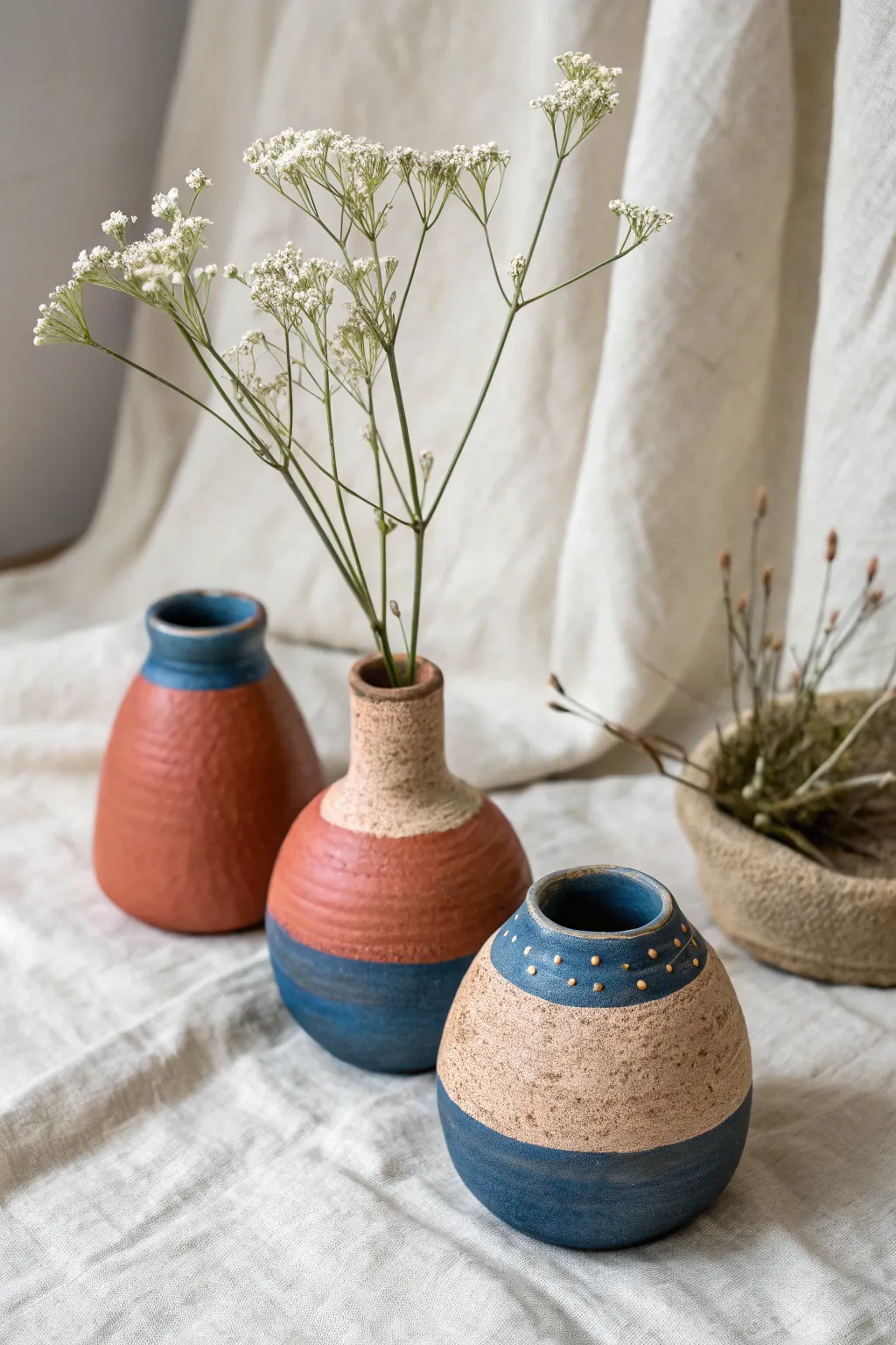 Mini pinch pot vase trio in bold earthy hues, styled with tiny blooms on a calm linen backdrop.